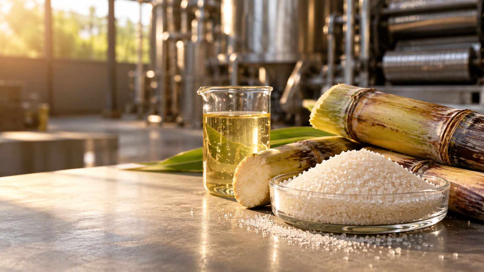 Sugar crystals, cane segments and a pale syrup sample